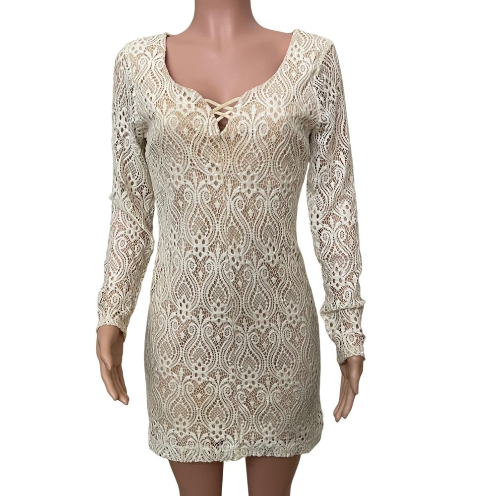 Vintage B Darlin cream lace knit sequin mini dress, long sleeve, sz. 13/14